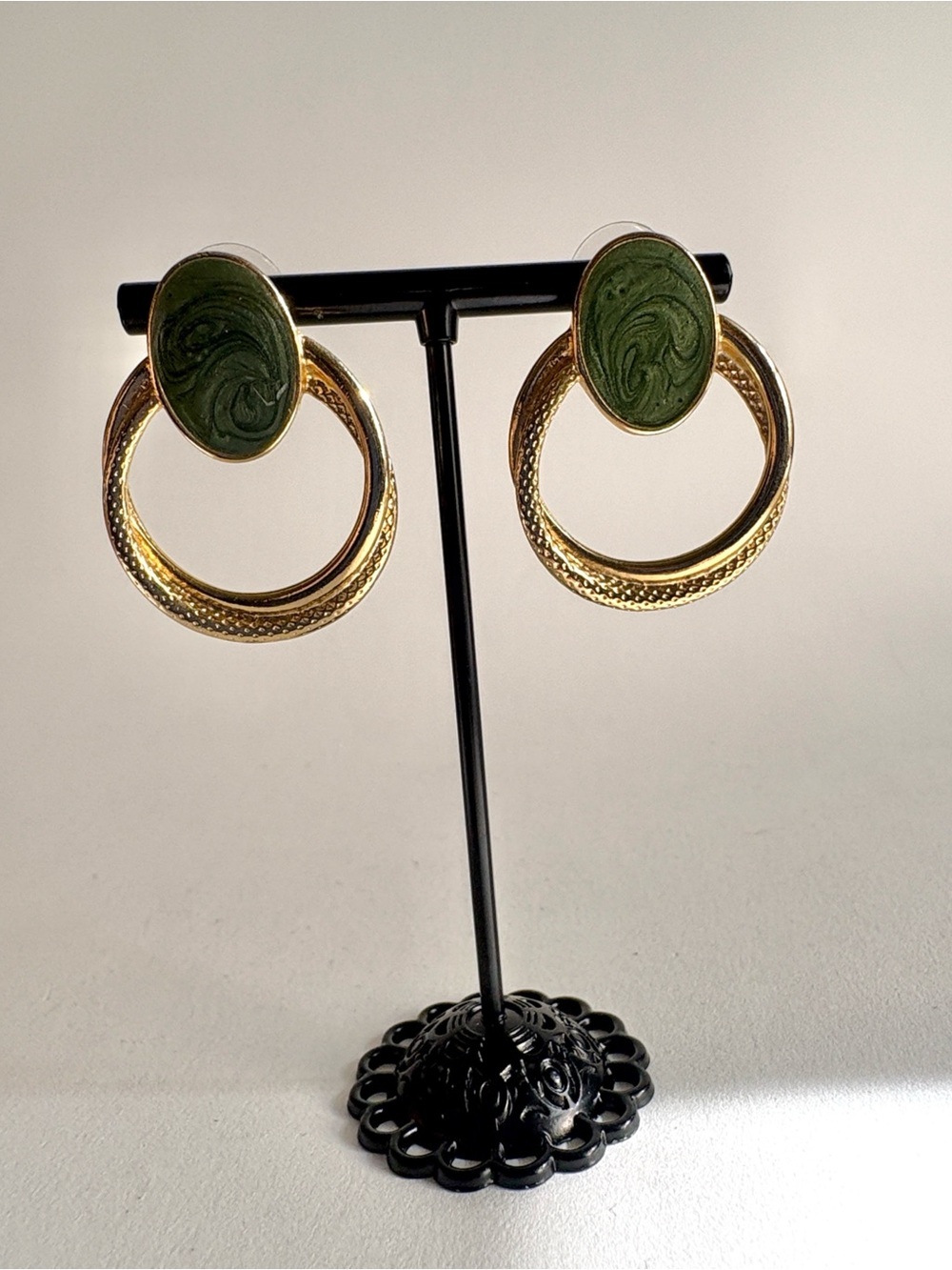 Gold Earrings Green Enamel Swirl Accent Women Jewelry